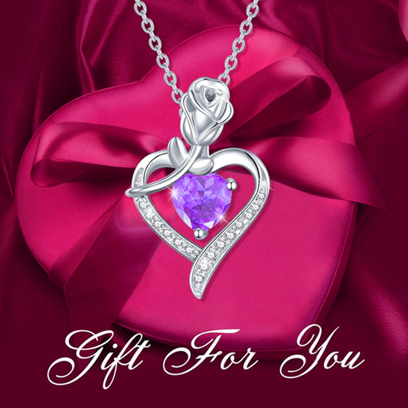 Collier pendentif en forme de cœur avec diamant et rose, cadeau idéal pour la fête des mères
