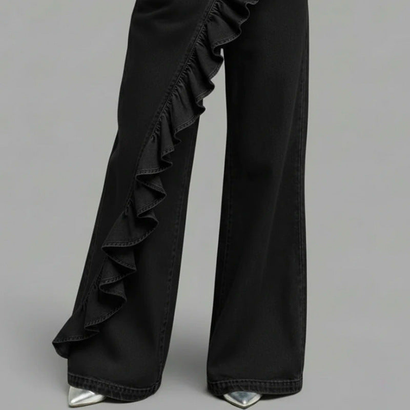 Pantalon vintage en denim véritable taille mi-haute asymétrique pour femme - Collection printemps-été