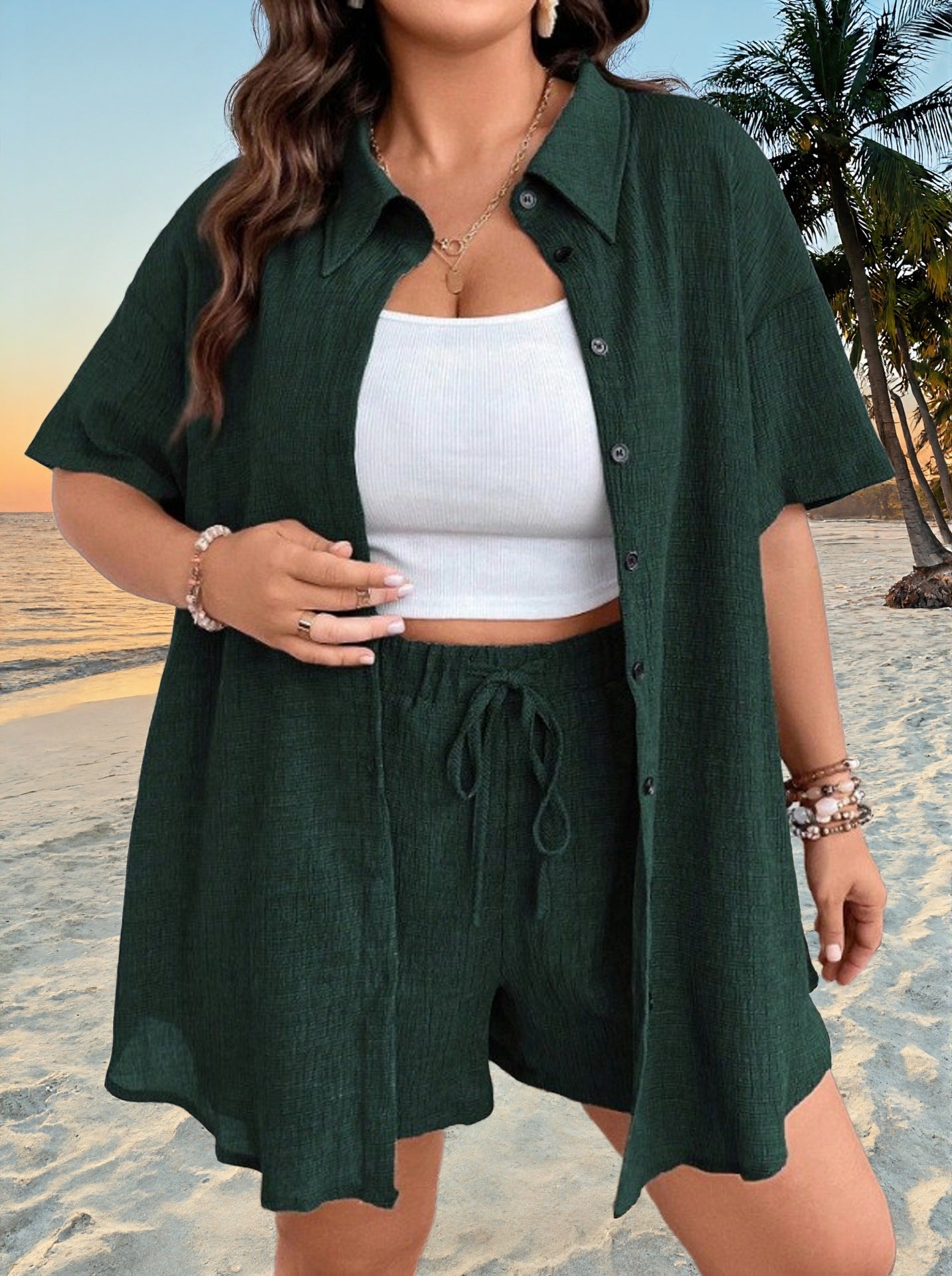 Ensemble cardigan et short boutonné, couleur unie, style vacances, pour femme, grandes tailles.