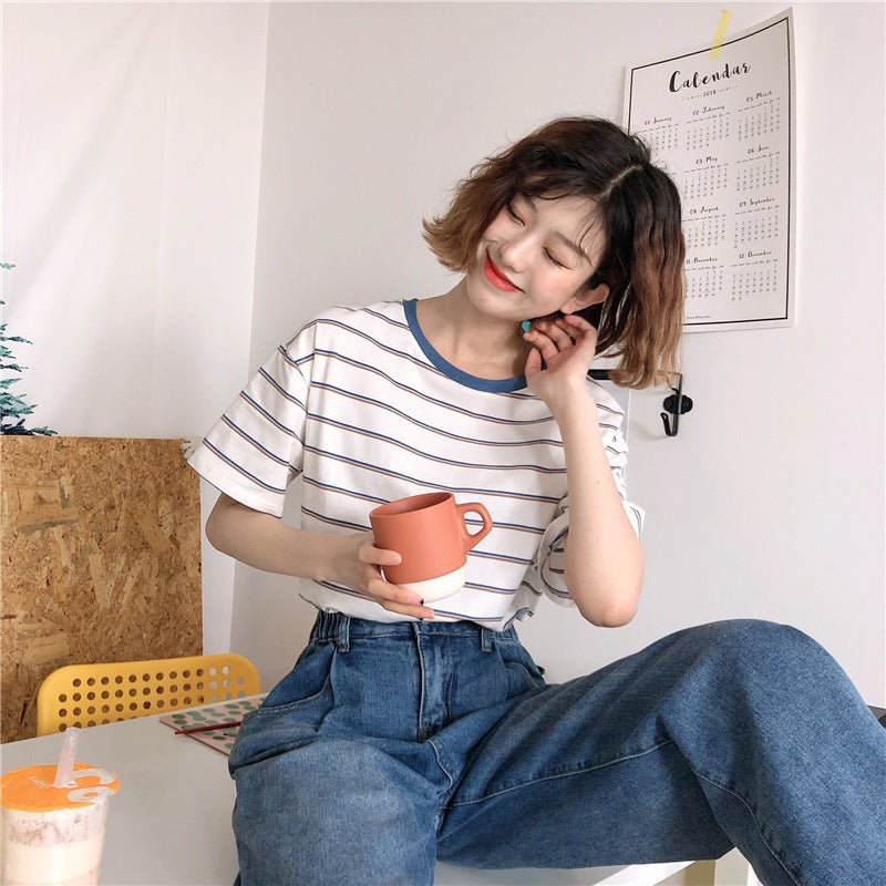 Academy Style Loose Slim Fit Striped Student Top Women's T-Shirt Casual Short Sleeve Tee