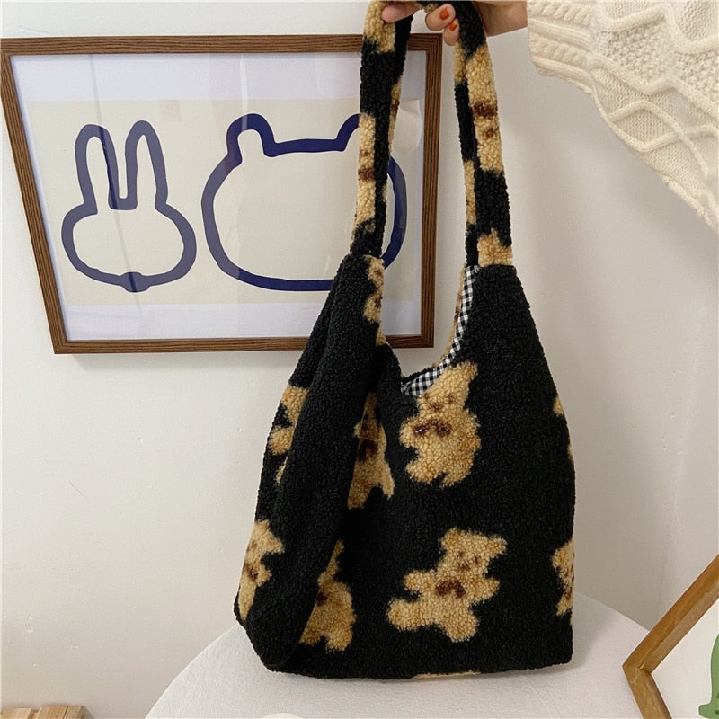 $17.71 - Women's lambskin-look tote bag, soft and fluffy canvas, teddy bear style, large capacity, soft, ideal for shopping or school. Cute school bag for girls.