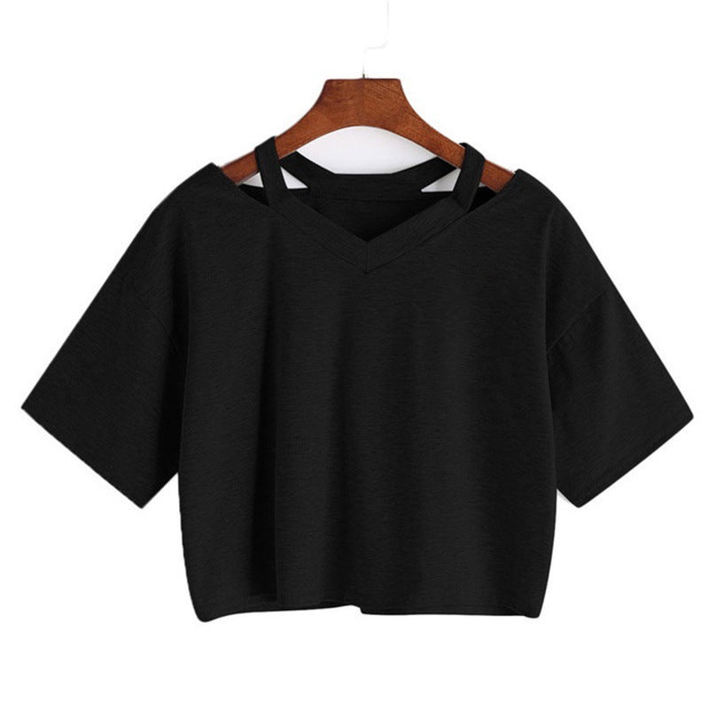13.97 USD - Loose-fitting, off-the-shoulder top with V-neck and short sleeves, solid color, ideal for everyday wear.