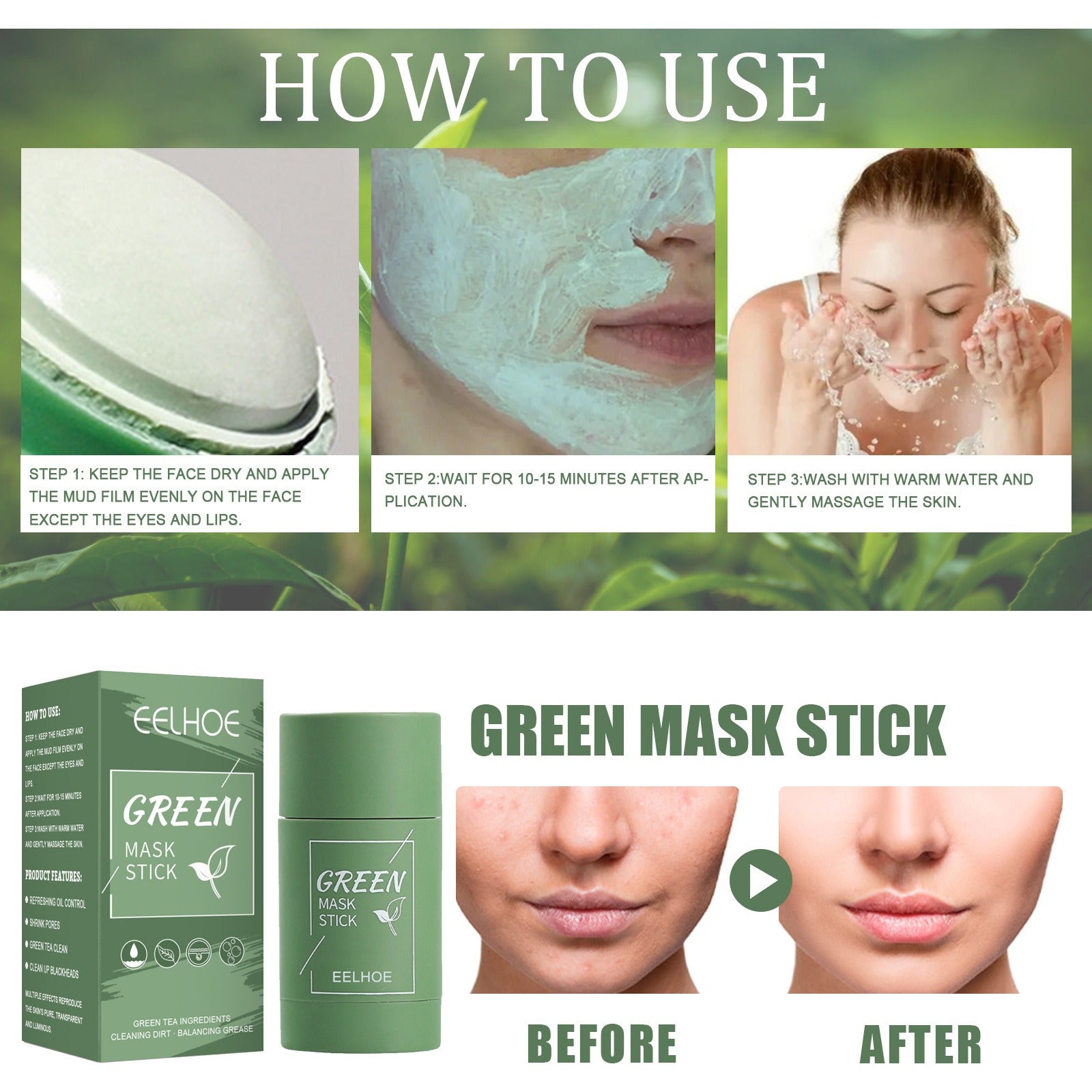 20.38 USD - EELHOE Green Tea Solid Mask - Cleansing and Hydrating Stick Mask - Pore Minimizer - Applicator - Clay Mask