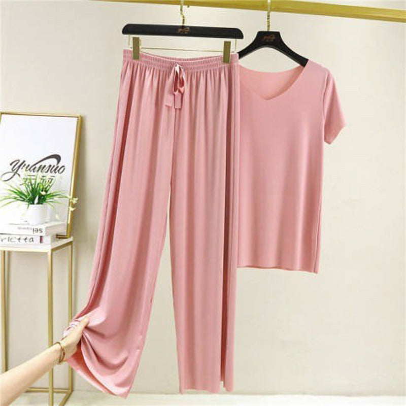 Ensemble deux pièces d'été léger et doux pour femme, composé d'un t-shirt décontracté à manches courtes en soie glacée et d'un pantalon long tendance.