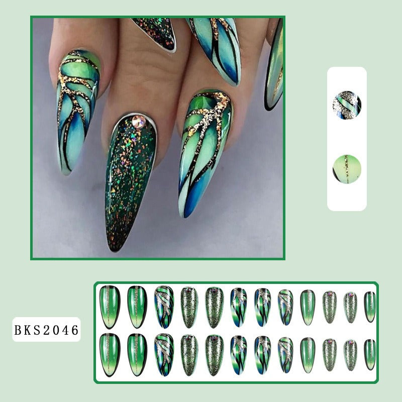 Almond manicure, natural look, trendy style, medium-length nails, patch effect.