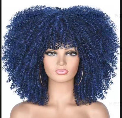 Perruque afro bouclée noire en fibres synthétiques, ensemble complet