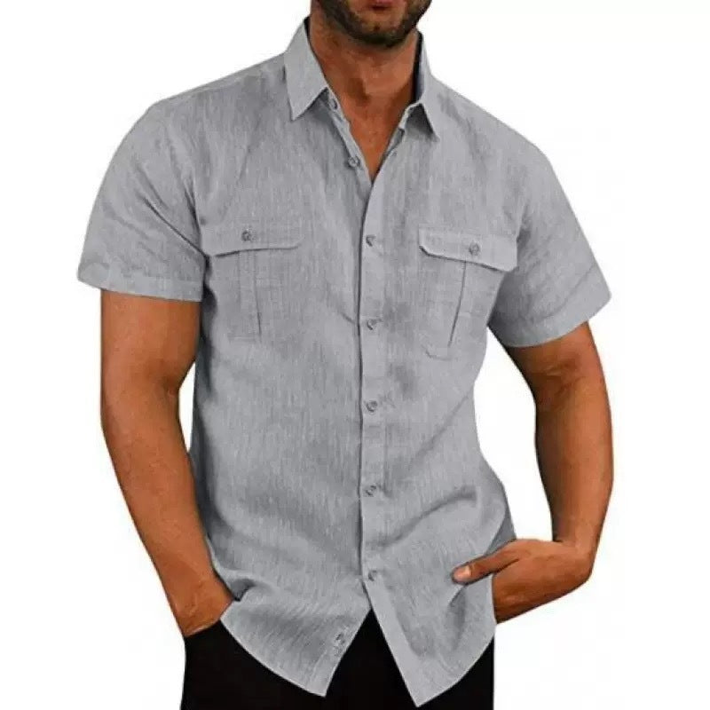 Men's short-sleeve casual linen shirt, solid color, patch pocket, button-down, loose fit, turn-down collar