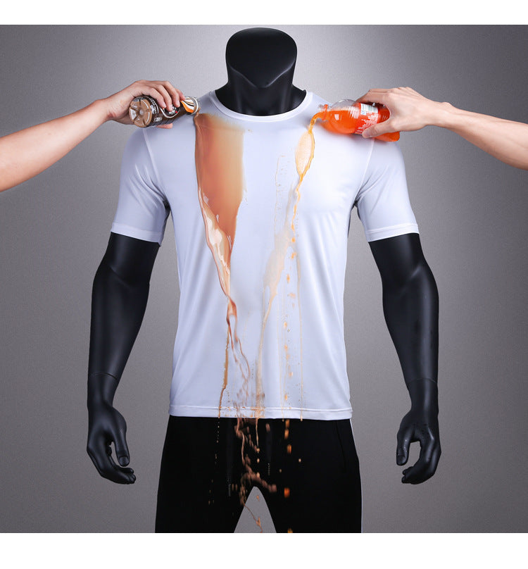 25,61 USD - T-shirt de sport à manches courtes pour homme, col rond, couleur unie, déperlant, haute technologie, anti-taches et à séchage rapide, idéal pour l'été.