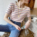 Fashion Stripe Short Sleeve T-Shirt Women Slim Fit Casual Top Student  Basic Tee