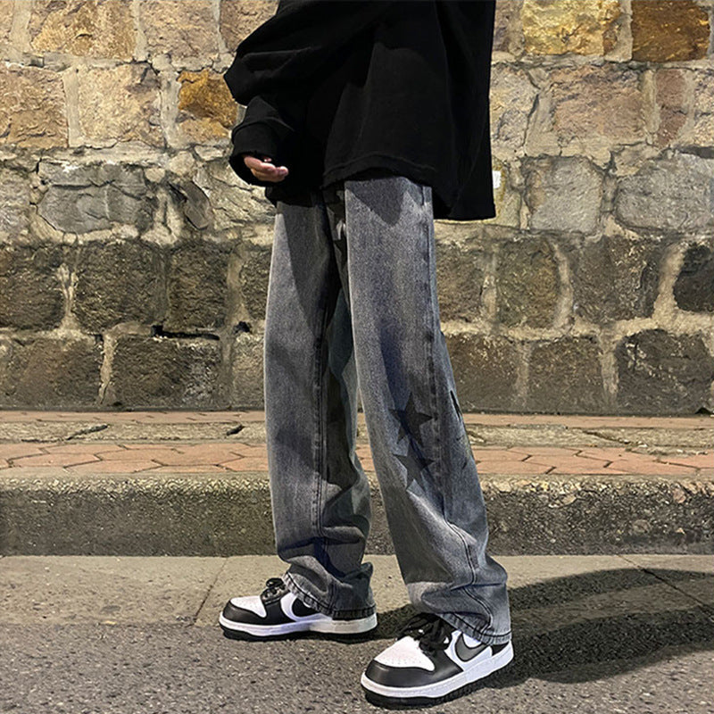 Pantalon Vibe tendance européen et américain, jean gris fumé à pentagramme, coupe ample, jambes droites, style automne-hiver.