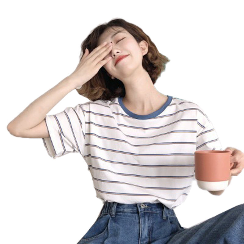 Academy Style Loose Slim Fit Striped Student Top Women's T-Shirt Casual Short Sleeve Tee