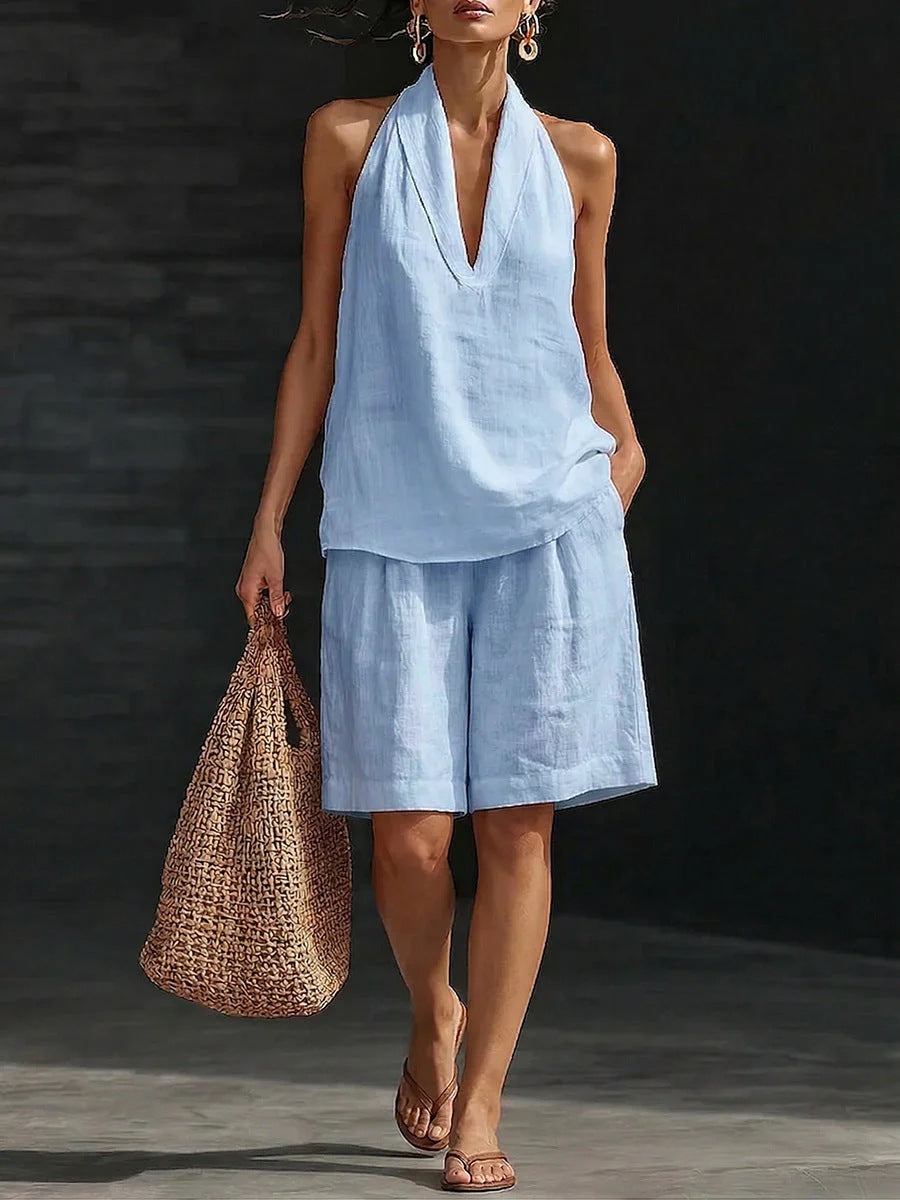 Ensemble décontracté pour femme (gilet et short) en mélange lin-coton, coupe ample tendance, style printemps-été