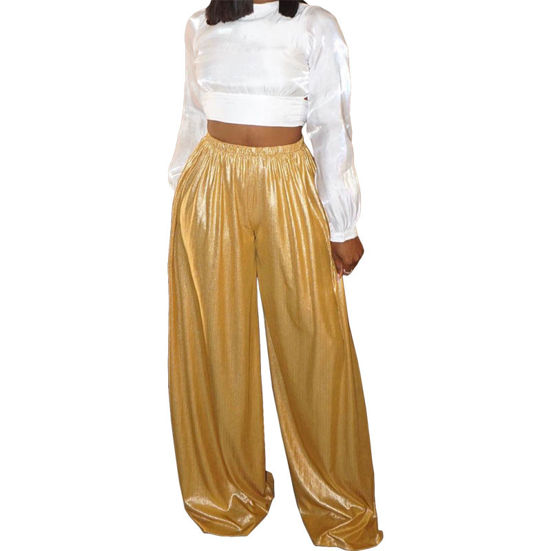 Pantalon large pour femme, style tendance et décontracté, avec motif doré réalisé par marquage à chaud.