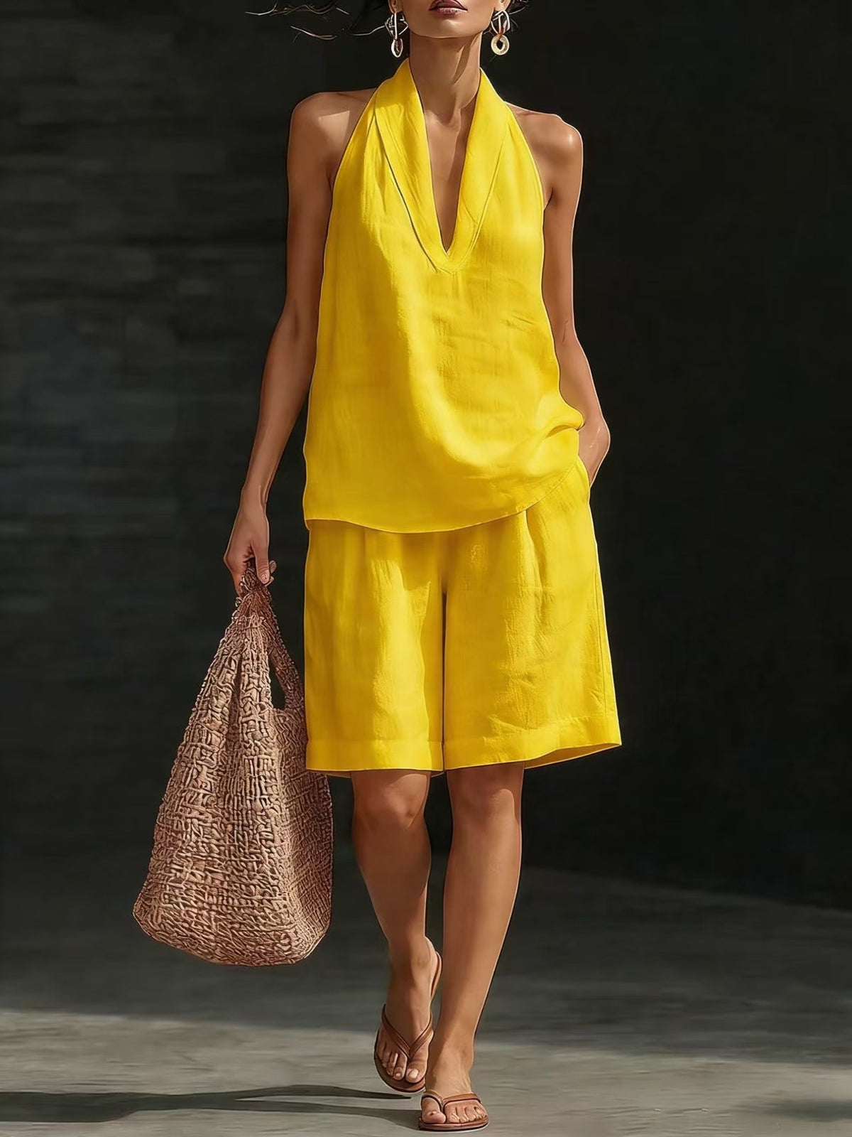 Ensemble décontracté pour femme (gilet et short) en mélange lin-coton, coupe ample tendance, style printemps-été