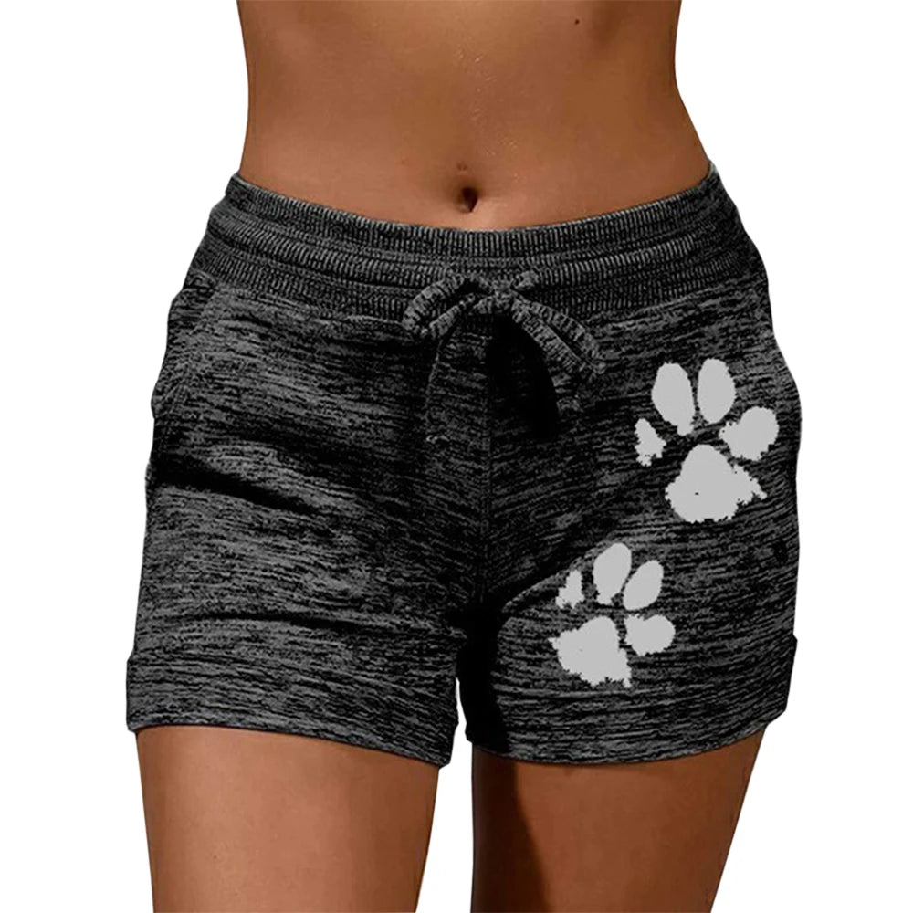 Short d'été à séchage rapide, cordon de serrage, imprimé pattes de chat, taille haute, en coton élastique, pour femme, idéal pour la plage ou le sport.