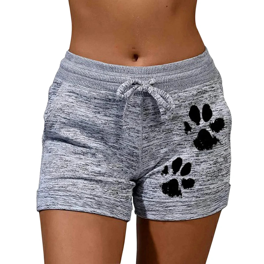 Short d'été à séchage rapide, cordon de serrage, imprimé pattes de chat, taille haute, en coton élastique, pour femme, idéal pour la plage ou le sport.