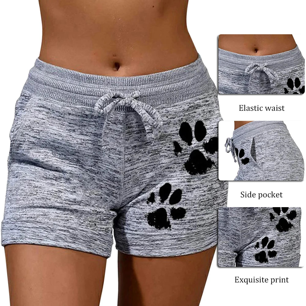 Short d'été à séchage rapide, cordon de serrage, imprimé pattes de chat, taille haute, en coton élastique, pour femme, idéal pour la plage ou le sport.