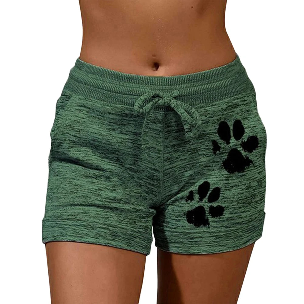Short d'été à séchage rapide, cordon de serrage, imprimé pattes de chat, taille haute, en coton élastique, pour femme, idéal pour la plage ou le sport.