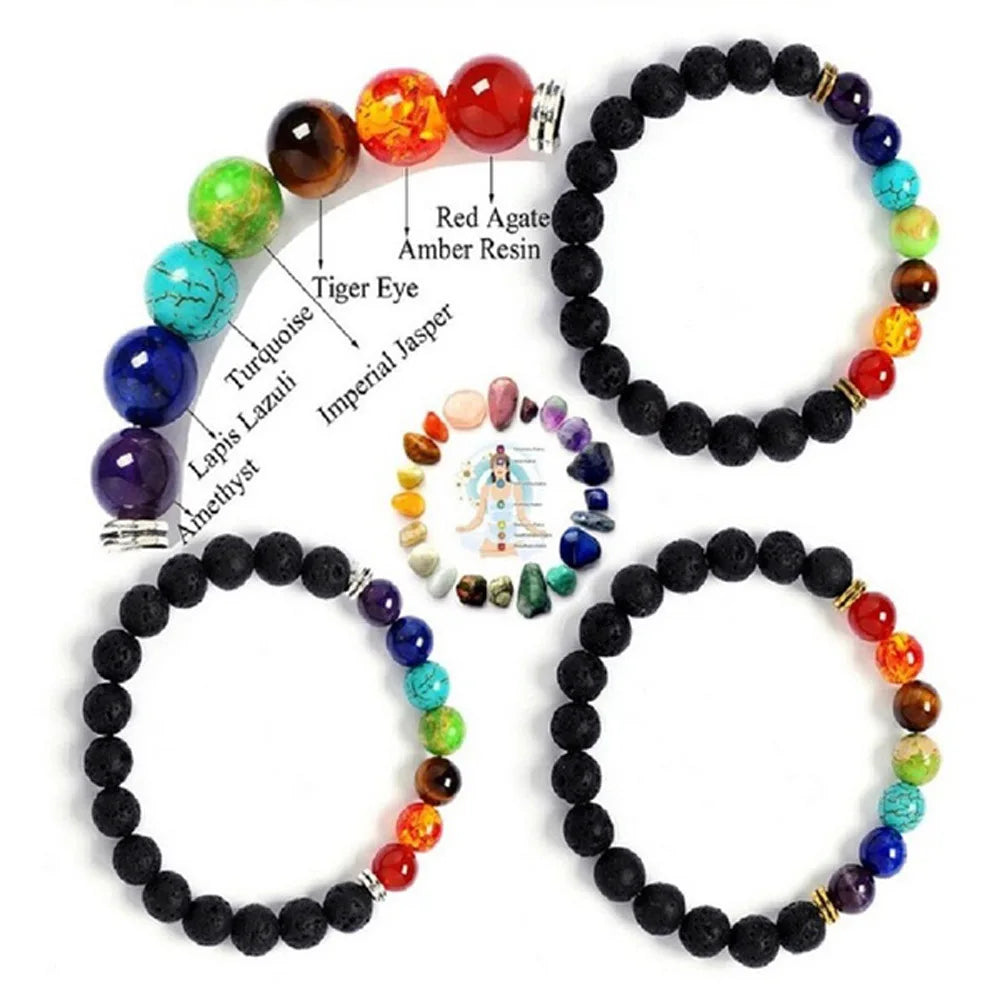 12.81 USD - 7 Chakra Bracelet in Natural Lava Stone - Healing and Balance Beads - Yoga Diffuser and Buddha Prayer Bracelet - Women's Jewelry