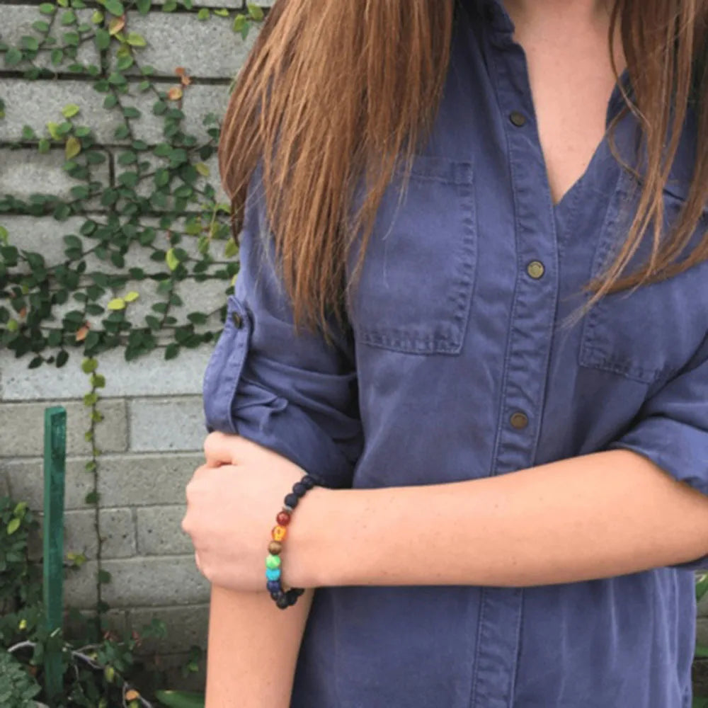 12.81 USD - 7 Chakra Bracelet in Natural Lava Stone - Healing and Balance Beads - Yoga Diffuser and Buddha Prayer Bracelet - Women's Jewelry