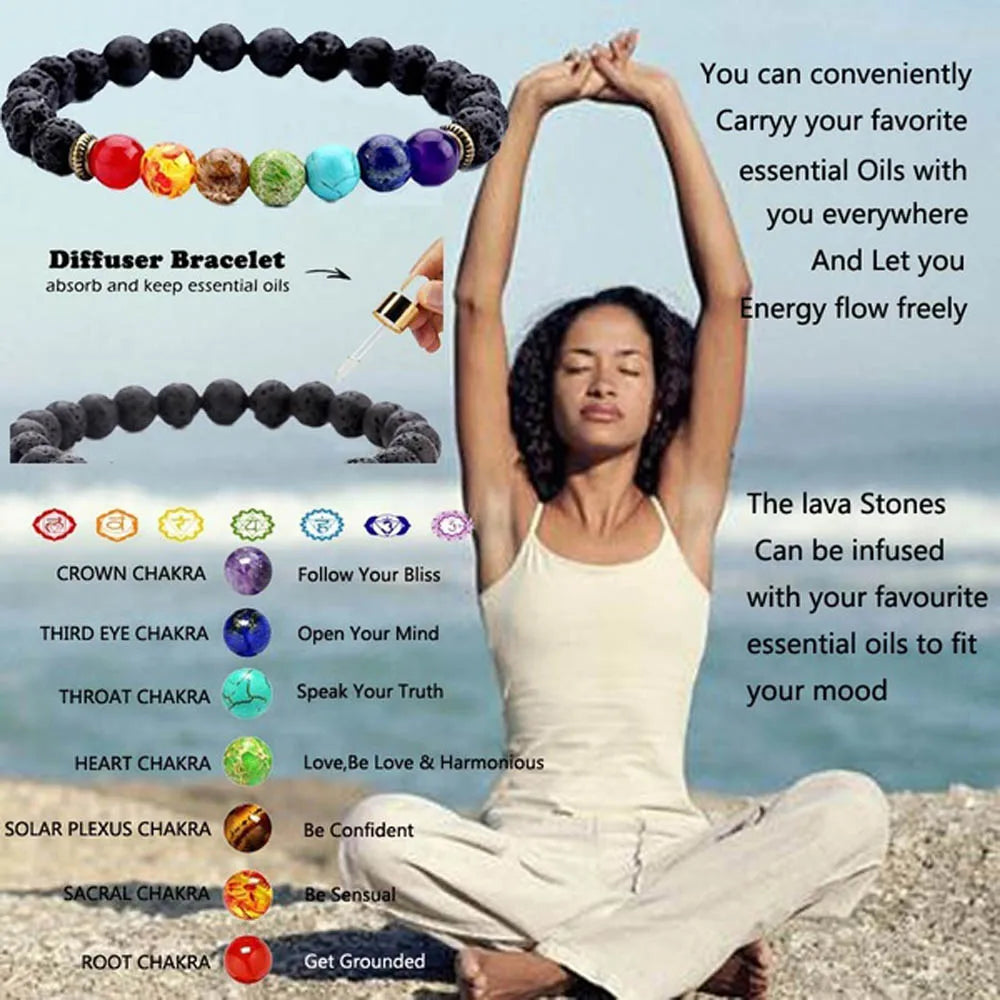 12.81 USD - 7 Chakra Bracelet in Natural Lava Stone - Healing and Balance Beads - Yoga Diffuser and Buddha Prayer Bracelet - Women's Jewelry