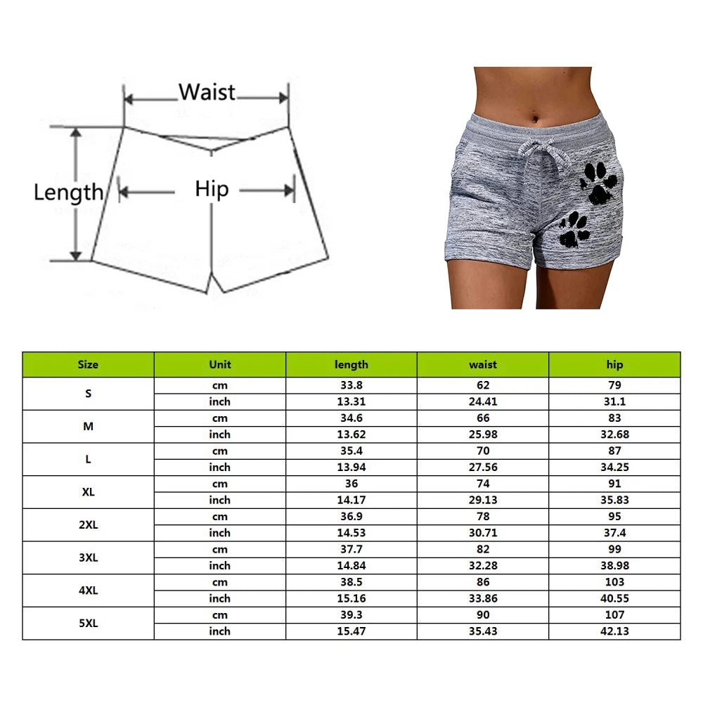 Short d'été à séchage rapide, cordon de serrage, imprimé pattes de chat, taille haute, en coton élastique, pour femme, idéal pour la plage ou le sport.