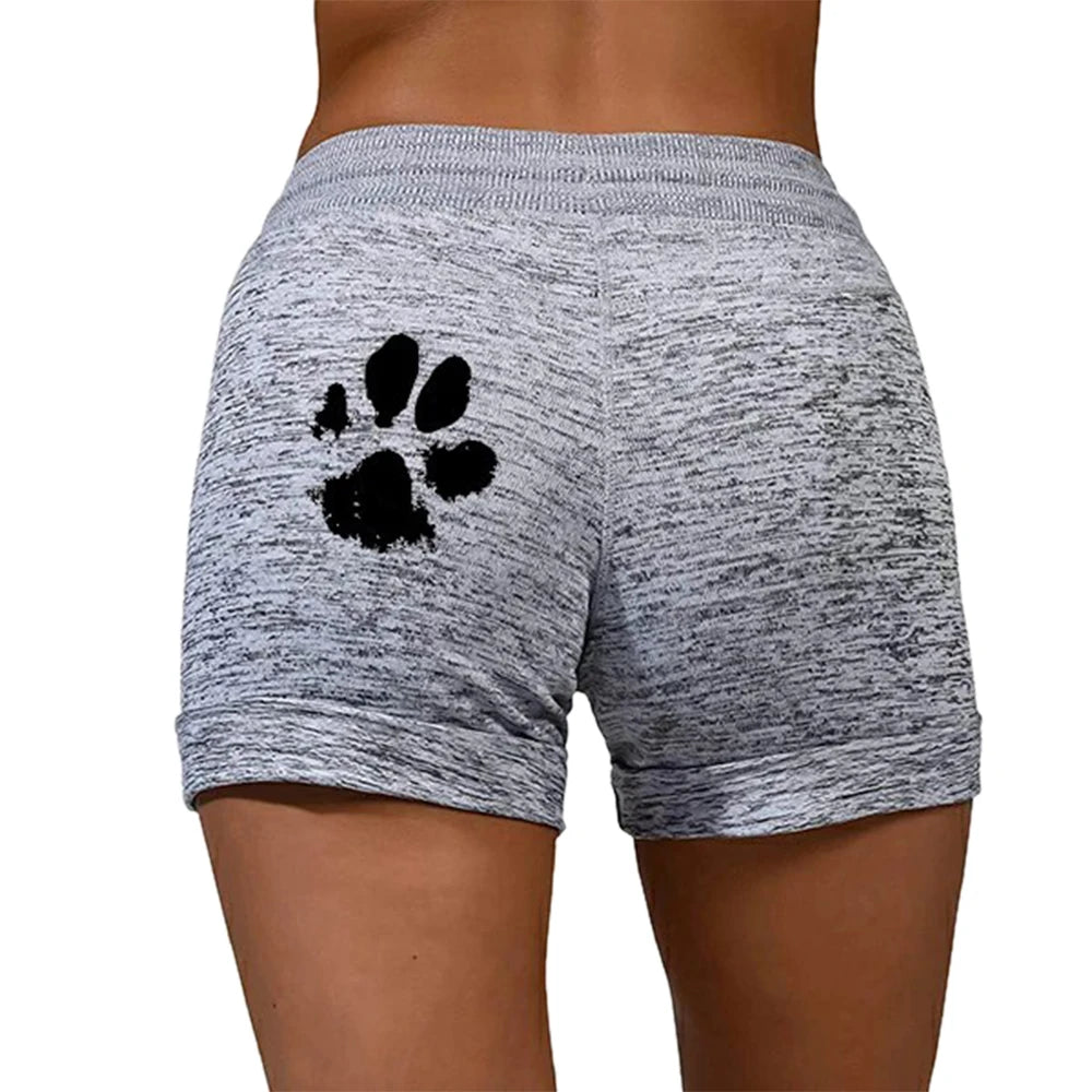 Short d'été à séchage rapide, cordon de serrage, imprimé pattes de chat, taille haute, en coton élastique, pour femme, idéal pour la plage ou le sport.