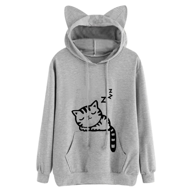 Women's Kawaii Pink Winter Hoodie Cat Print Long Sleeve Sweatshirt